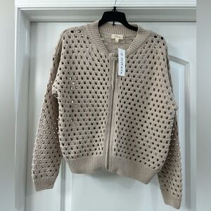 NEW ELAN Aster zip up crochet sweater cardigan in oatmeal XS
